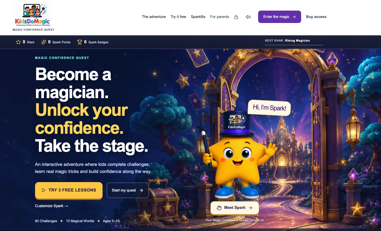 Magic Confidence Quest homepage with Spark, a star character in a magician hat