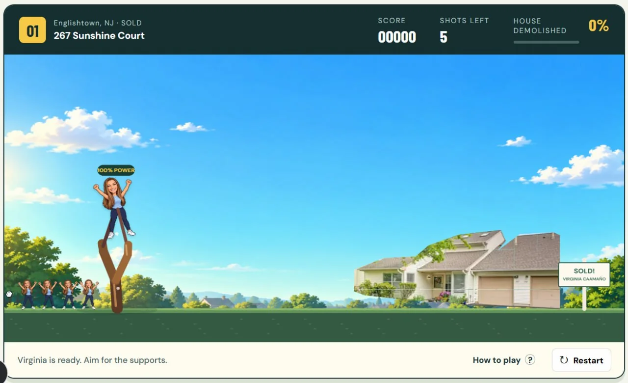 A slingshot game aimed at a sold home, with the agent as the character and a score display