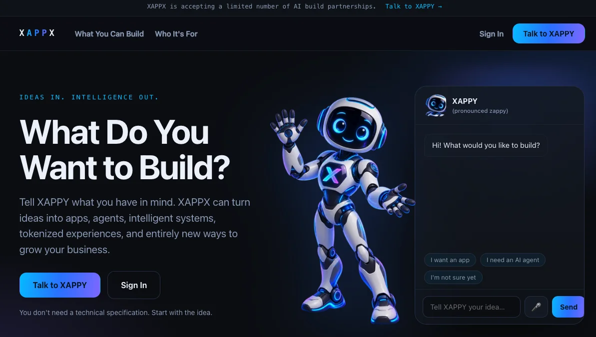 XAPPX homepage with the XAPPY guide and a chat panel asking what you want to build